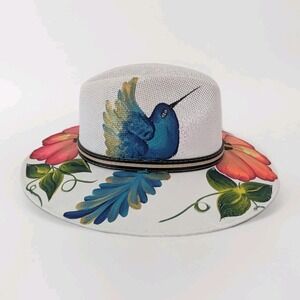 HAT MEXICAN Artisanal Hand Painted Hat Sombrero Floral Hummingbird Bohemian Med